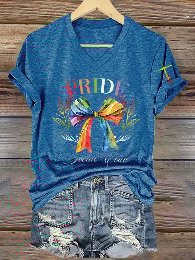 Women's Rainbow Bow Faith Club V-neck Print T-shirt Top