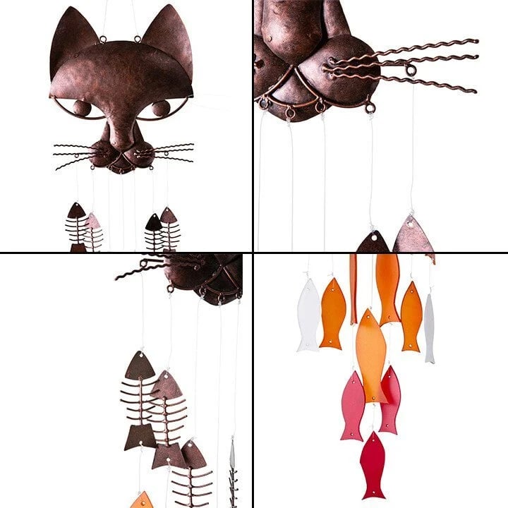 (🎄EARLY CHRISTMAS SALE - 50% OFF) 🐱Handcrafted Metal Cat and Recycled Glass Fish Wind Chime🎏
