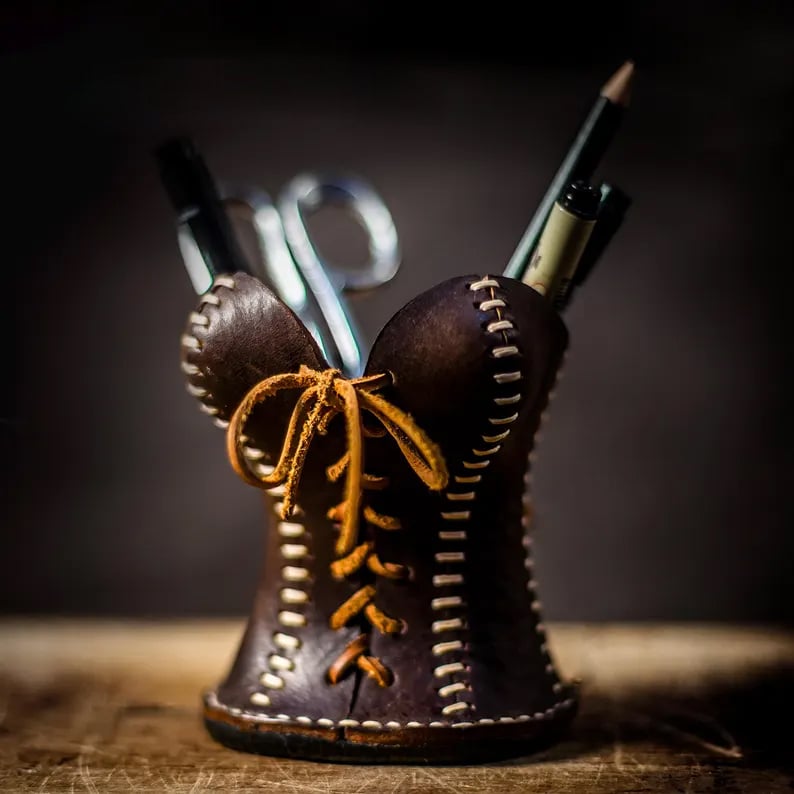 Leather Corset Pencil Cup