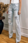 Women's Fashion High Waist Rhinestone Ripped Straight Jeans