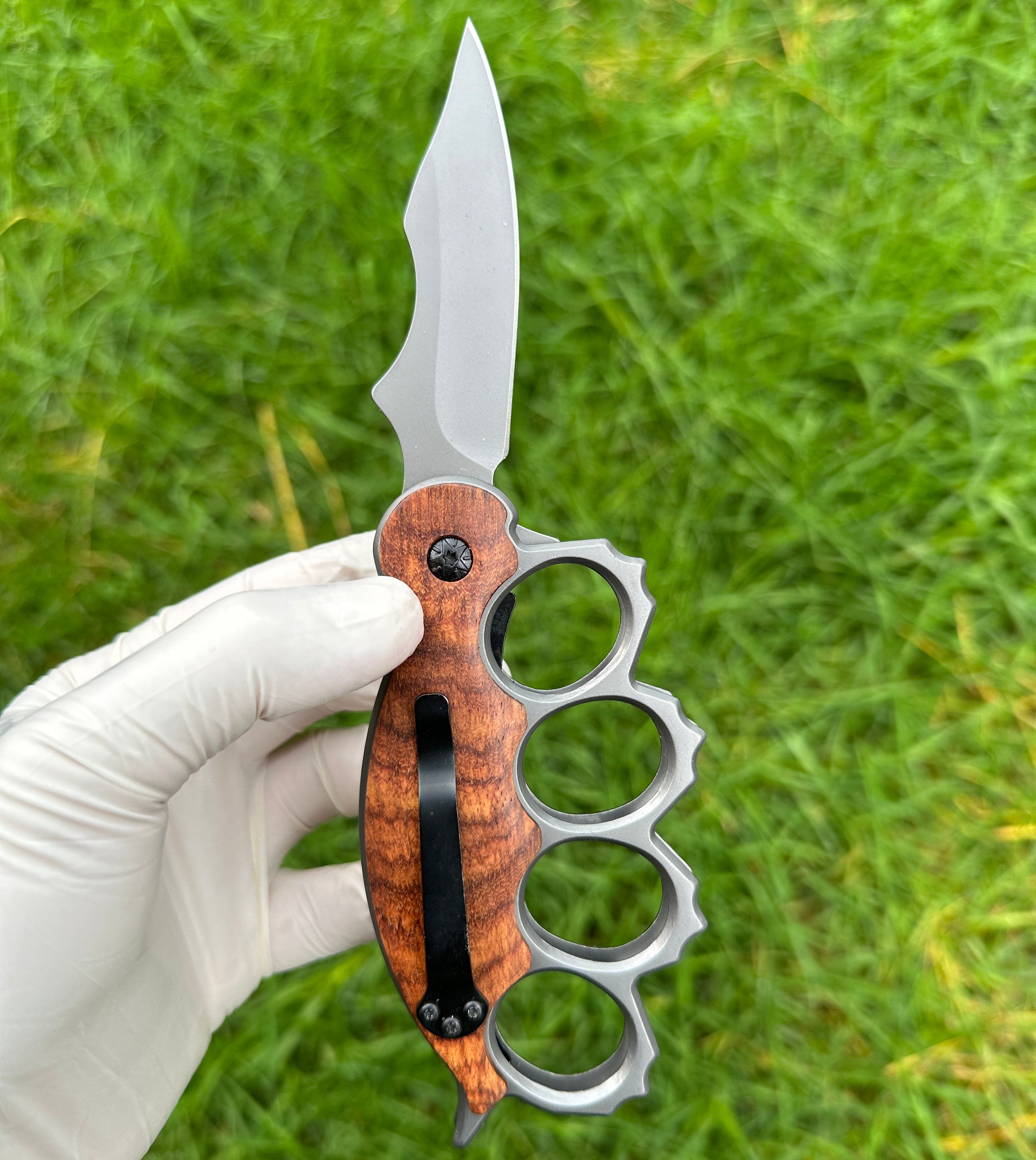 Motifs Knuckle Duster Wooden Handle Folding Knife Defense EDC