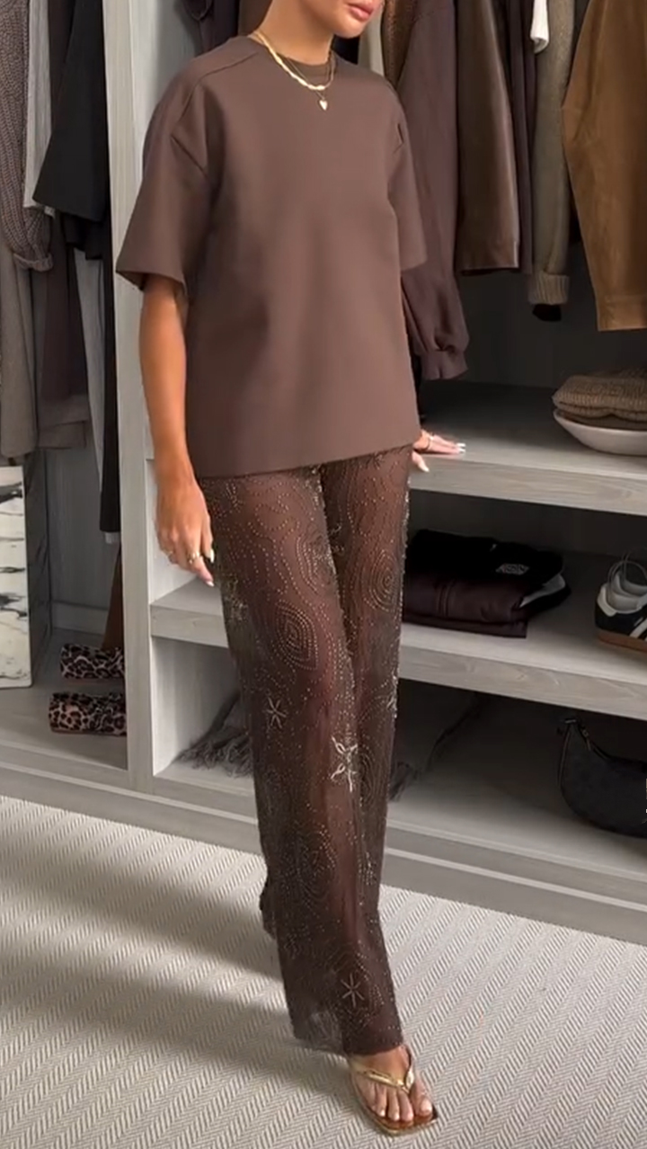 Women's Round Neck T-shirt + Hollow Beaded Trousers Casual Suit