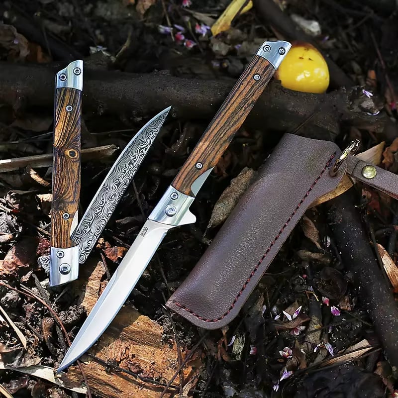 🌲 Outdoor Folding Knife with Wooden Handle & Leather Sheath