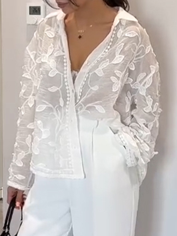 Women's Lapel Leaf Embroidered Button Casual Top