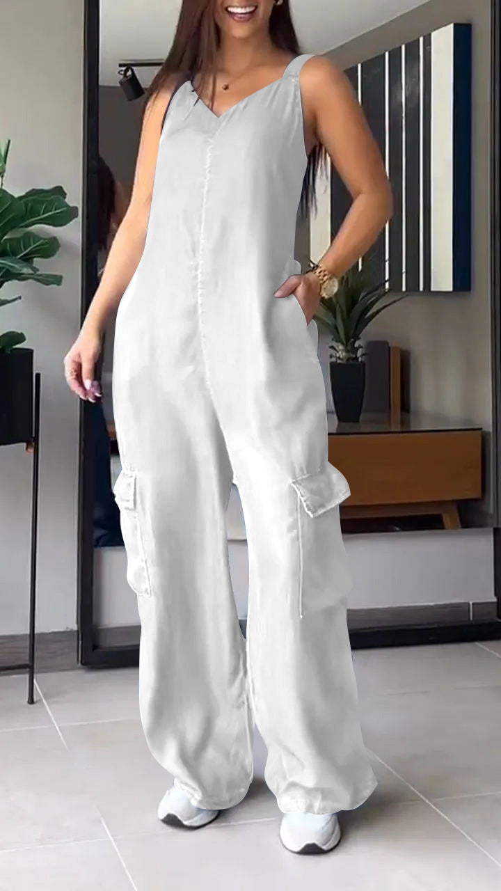 🔥Last Day Promotion 50% OFF🔥Thin Denim Cargo Pocket V-neck Jumpsuit