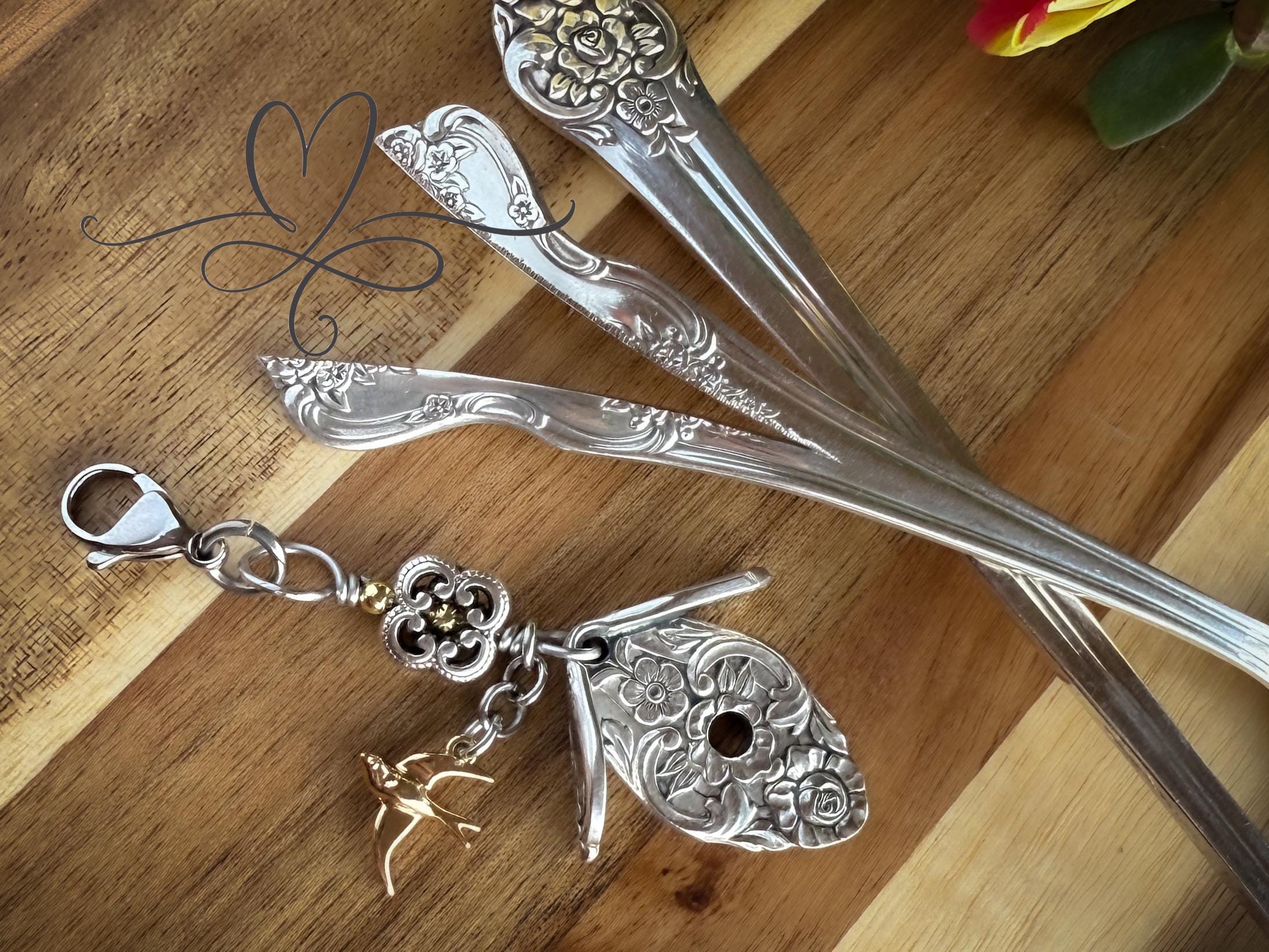 The 1948 “Plantation” Birdhouse Necklace or Purse Charm • Made From Authentic Silver-Plated, Vintage Silverware