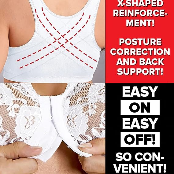 Front hooks, stretch-lace, super-lift, and posture correction – ALL IN ONE BRA!