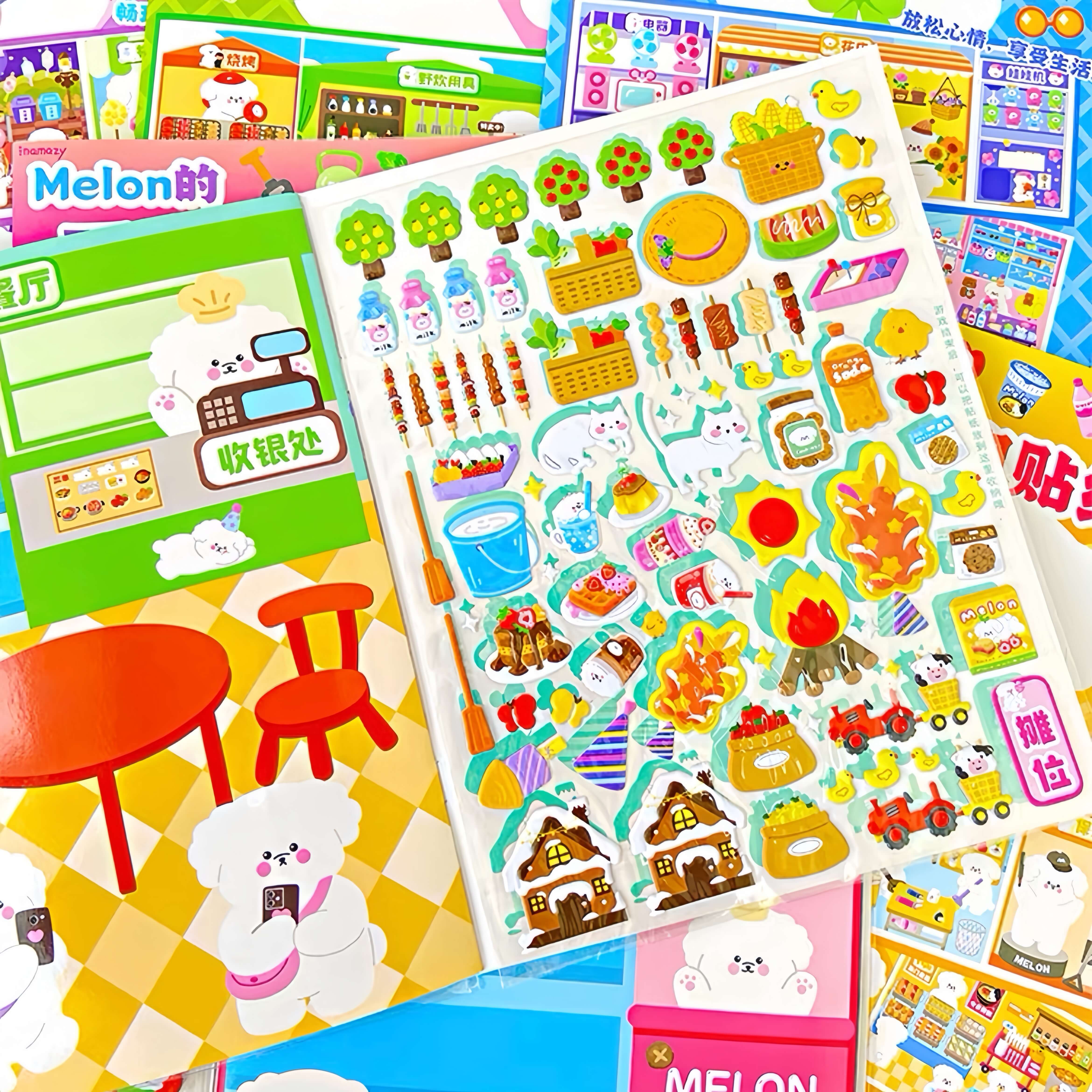 Puffy Sticker Activity Books Set: Shopping|Camping|Food|Entertainment