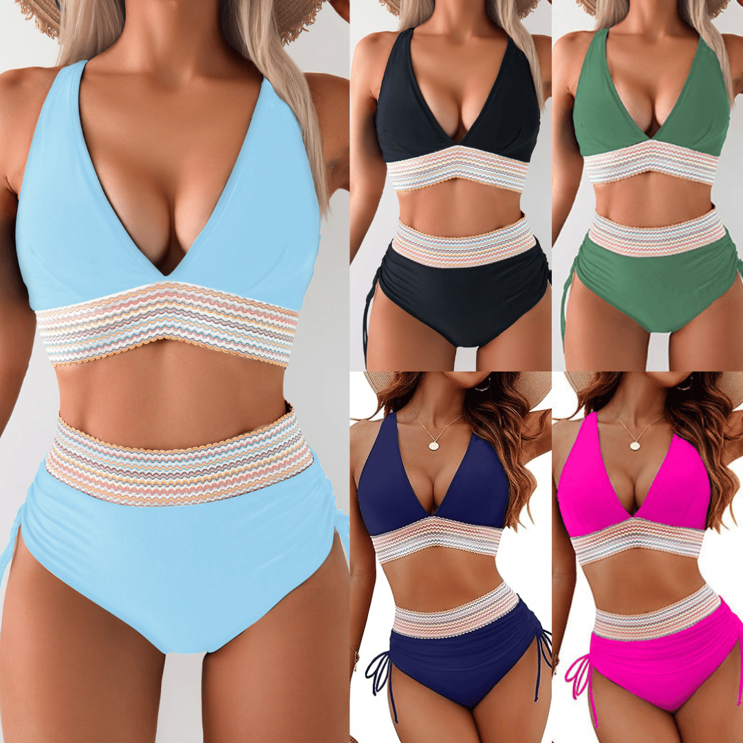 🔥Heißer Verkauf - 49% Rabatt 🏖️ Bikini-Sets mit hoher Taille und Bauchkontrolle im Farbblockdesign