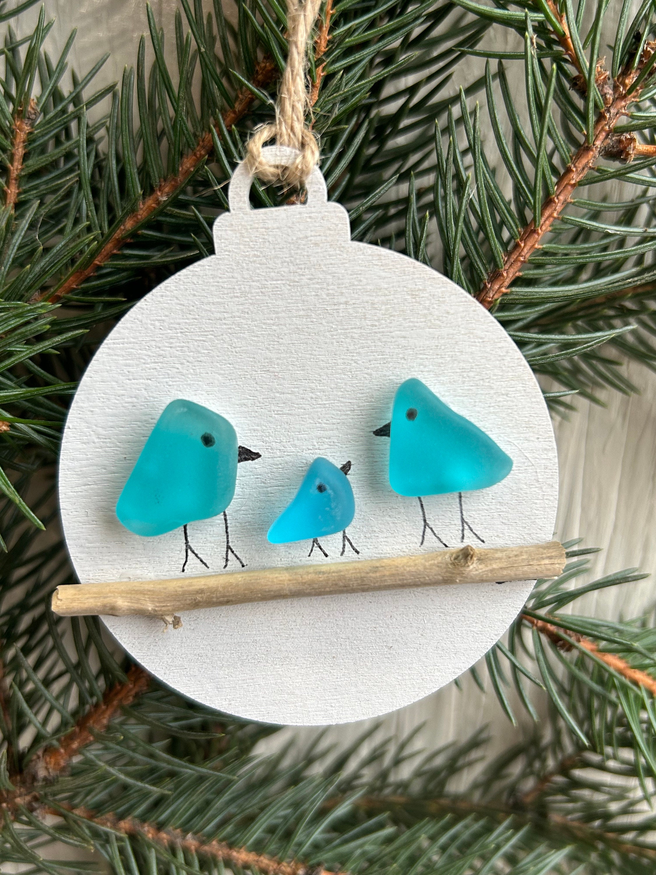 Handmade Family of Sea Glass Birds Christmas Ornament