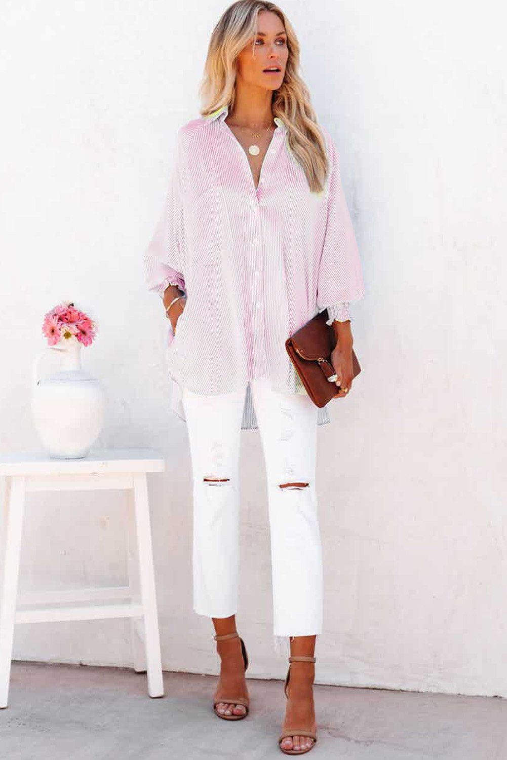 💥LAST DAY SALE 50% OFF💥Mid-Length Smocked Shirt With Striped Lapel And Oversized Drawdown Sleeves