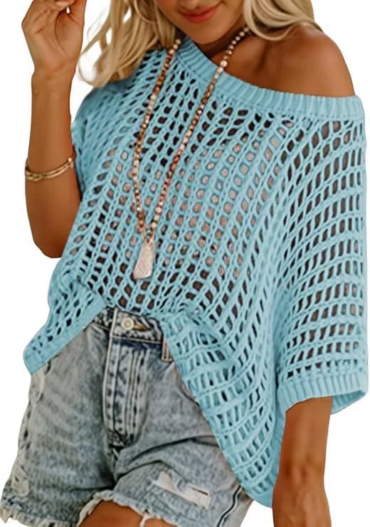 🎁TikTok Last Day Sale - 70% OFF🎉 Womens Summer Scoop Neck ShortSleeve Sweater Casual Crochet Hollow Out KnitTops