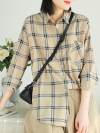 Hilary Lapel Polo Collar Vintage Matching Plaid Print Single-breasted Baggy Cotton Shirt