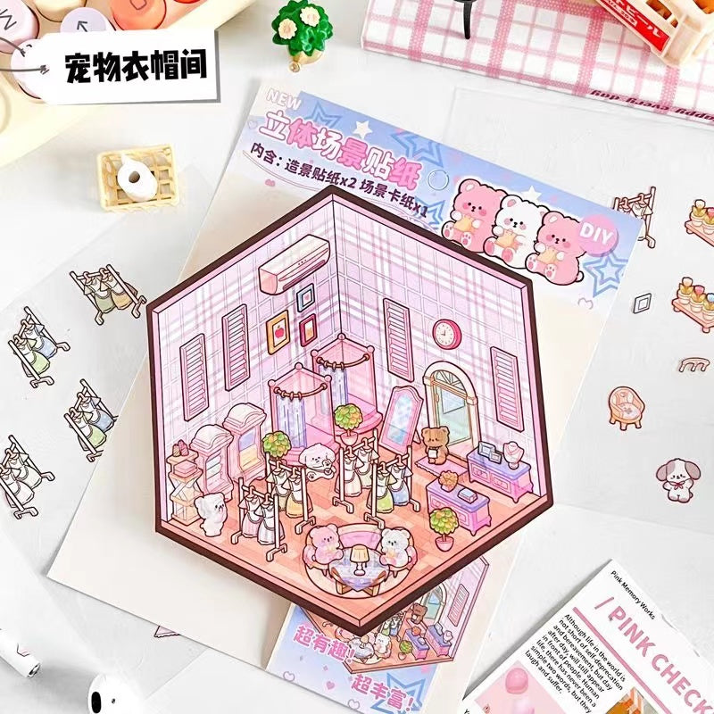 3D Puppy House Clothing Shop Dessert Shop Bookstore Sticker Scenes