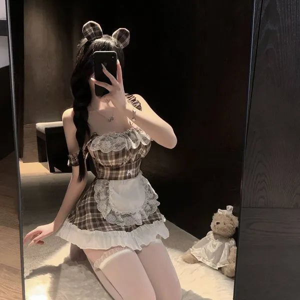Kawaii Bear Maid Cosplay Costume - Sexy Lolita Dress with Ears Headband & Lace Apron | Cute Animal Roleplay Outfit for Women PPF0339