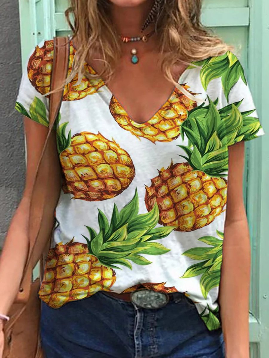 Top pineapple print casual loose V-neck short sleeve T-shirt women