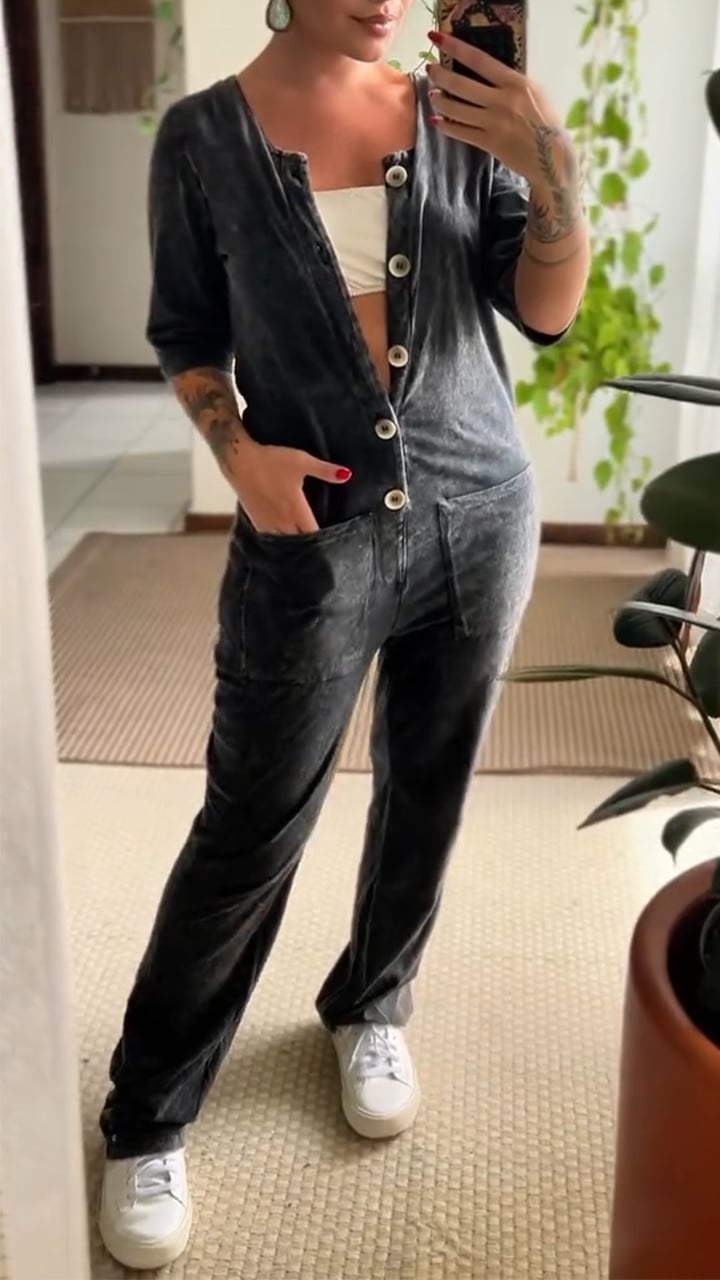 Women's Round Neck Button-down Casual Jumpsuit