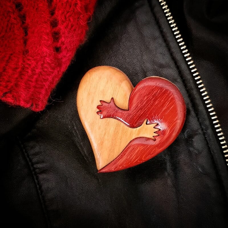 🔥Handmade Loving Hearts Wood Intarsia Pinback Button