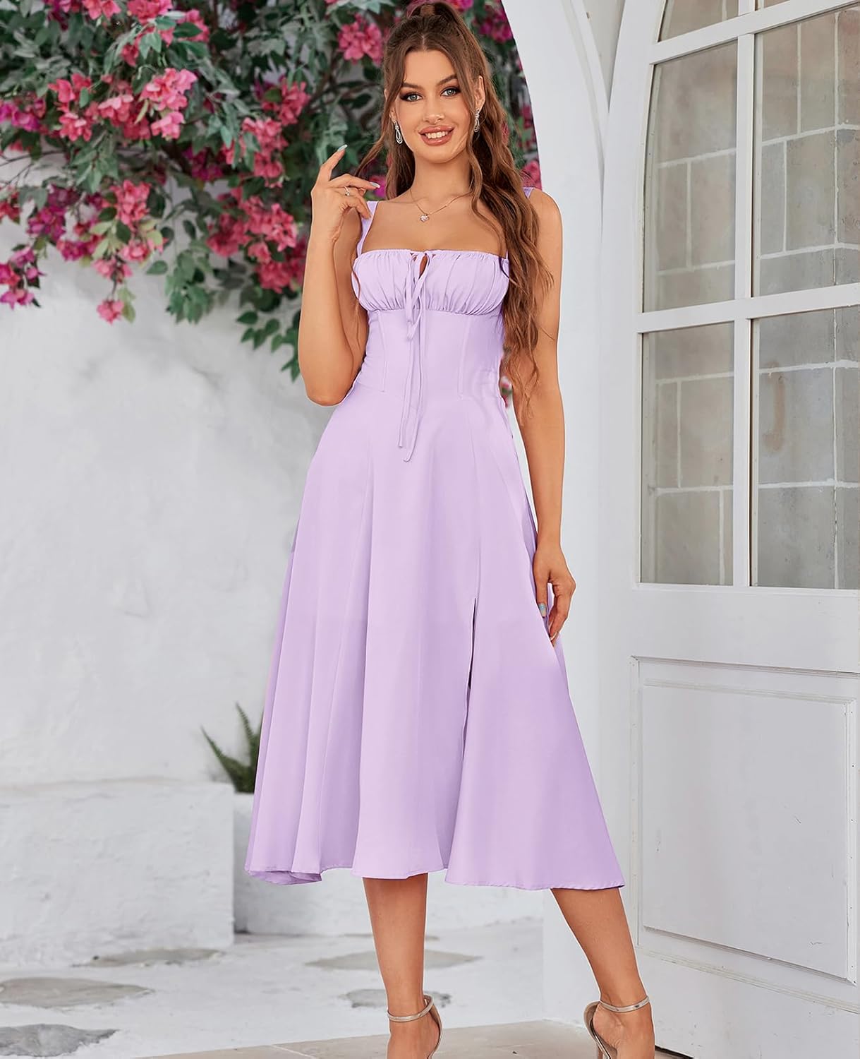 Floral Midi Corset Dress Boho Flowy Slit Lace Up Dresses for Women Going Out A Line Casual Sundress