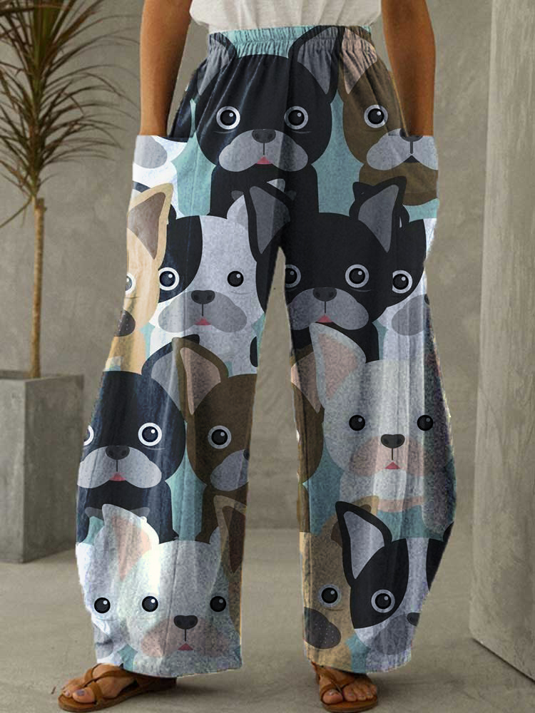 Women Cotton Linen Pocket Dog Printing Pants