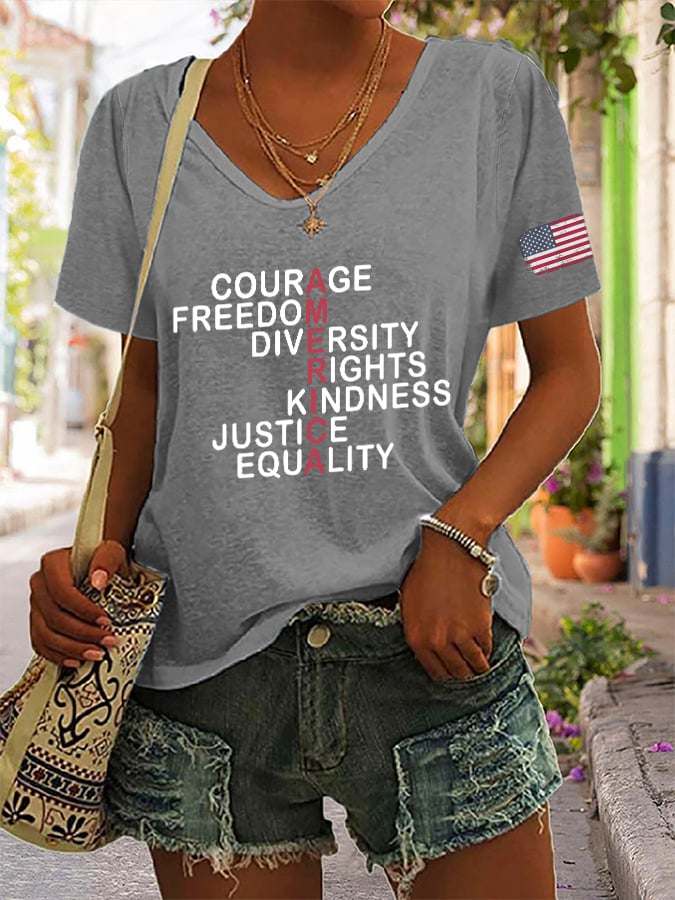 V-Neck Retro America Courage Freedom Diversity Rights Kindness Justice Equality Print T-Shirt