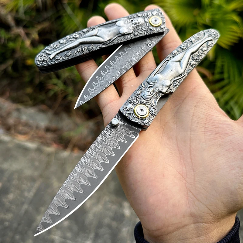 Damascus steel Folding pocket knife, travel knife for outdoor camping, hunting