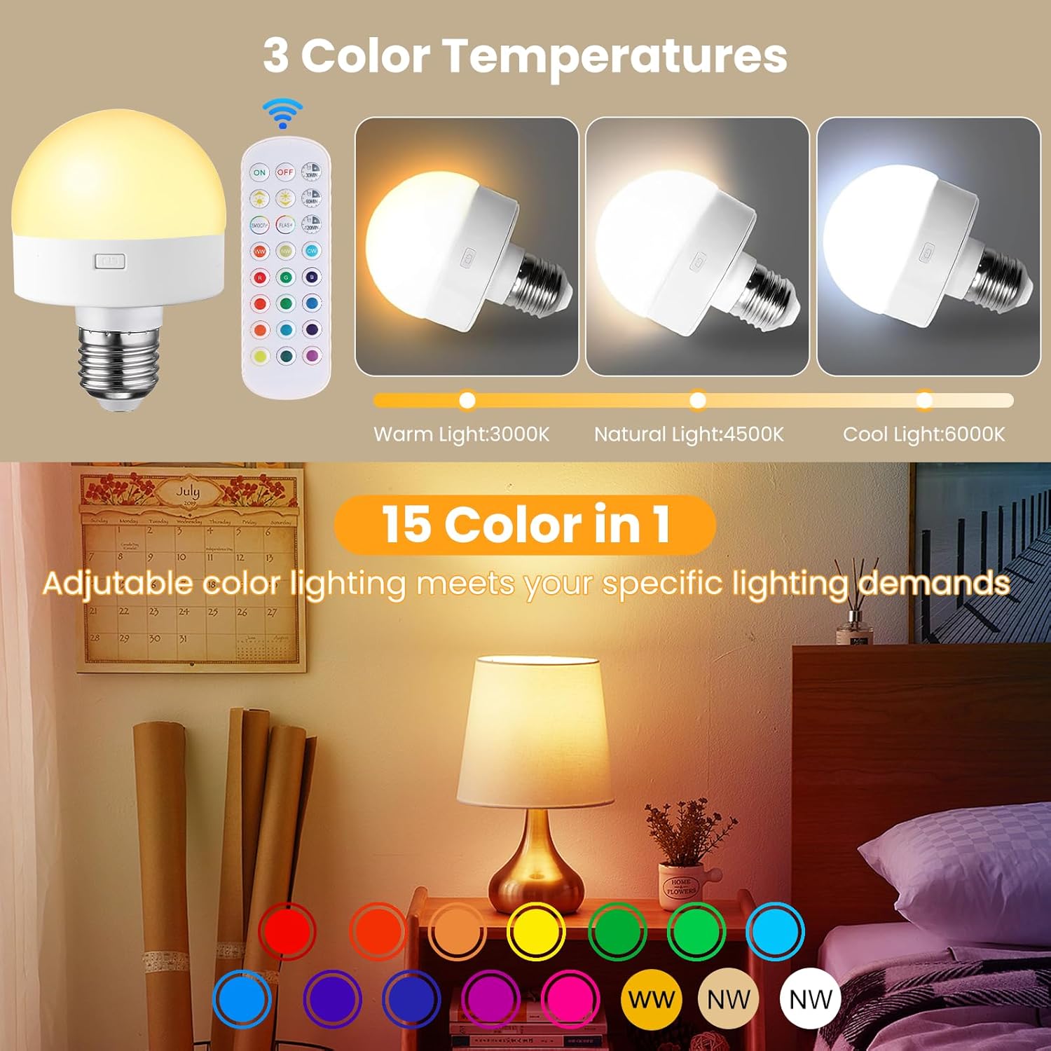 🔥Last Day Promotion 50% OFF💥3 Color Temperature Dimmable E26 Wireless Detachable LED Charging Bulb