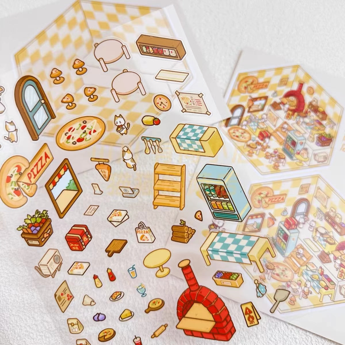 DIY Miniature Sticker Scene,Cat Burger Shop|Ferris Wheel Sushi|Hot Spring|Pizza Shop