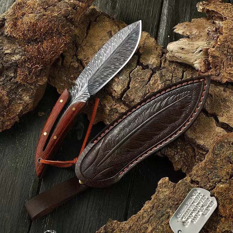 Handmade Damascus Phoenix Feather Pattern Outdoor Knife