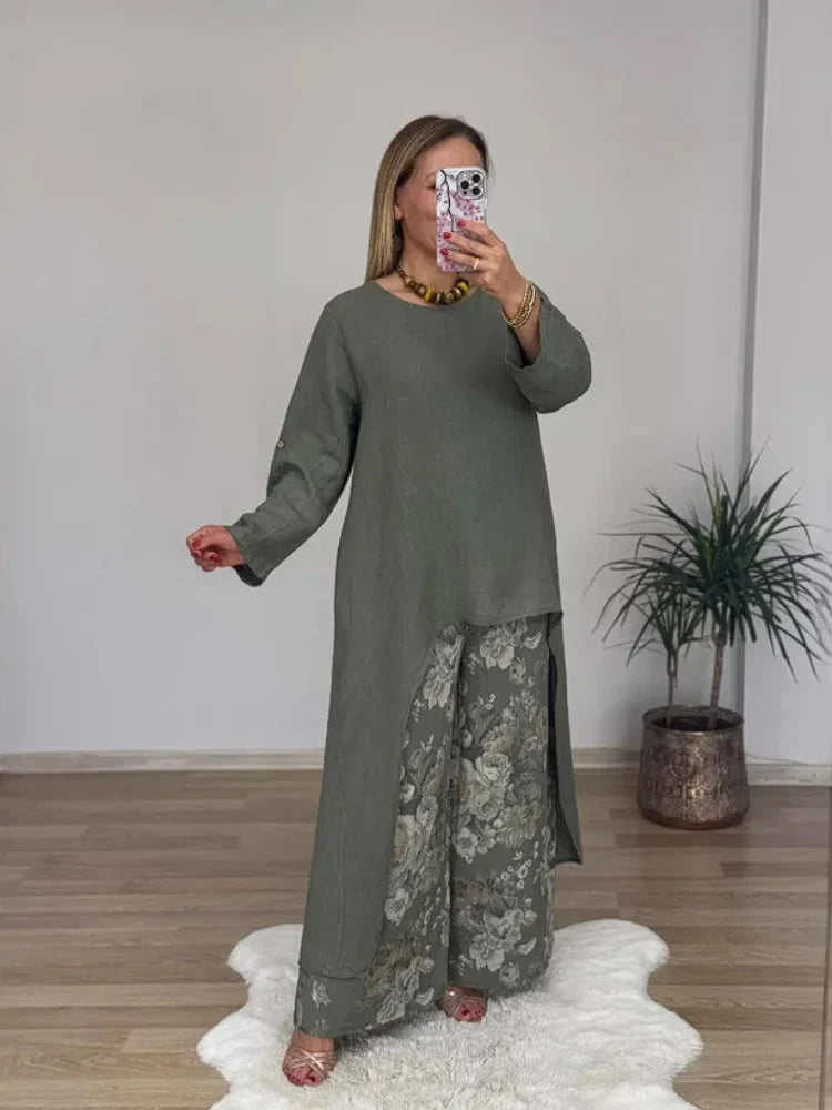 Linen Blend Crew Neck Long Sleeve Irregular Loose Top and Elastic Waist Floral Print Casual Pocket Set