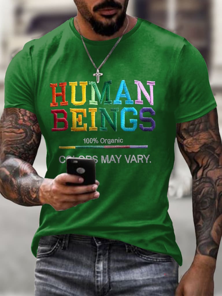 Men's Retro Human Beings 100% Organic Colors May Vary Human Rights Equality Pride Print T-Shirt