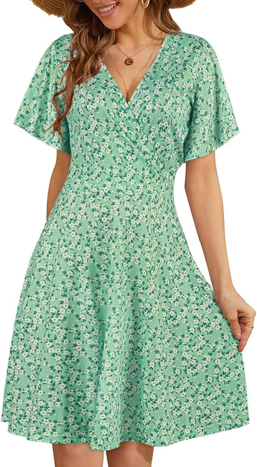 FENSACE Womens Sundress Summer Floral Short Sleeve Wrap V Neck A-Line Midi Dress