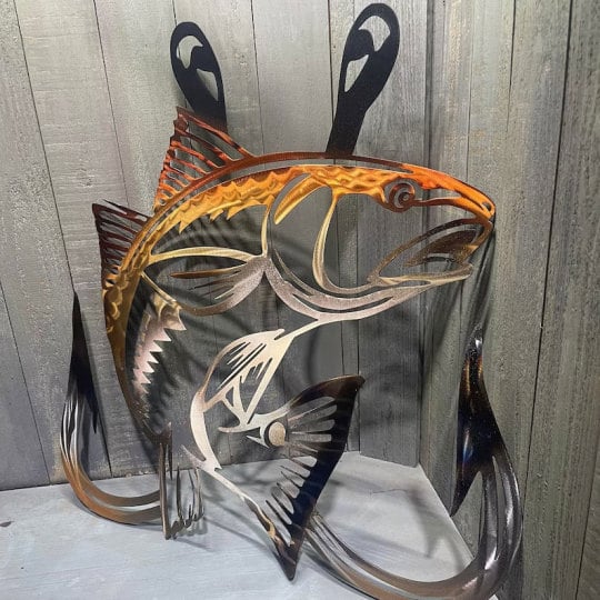 Metal Bass Fish with Hooks Plasma Cut Sign Art Fishing Art Gone Fishing