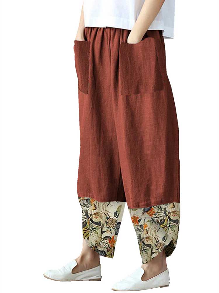 Women Printed Cotton Linen Splicing Irregular Wide-leg Pants