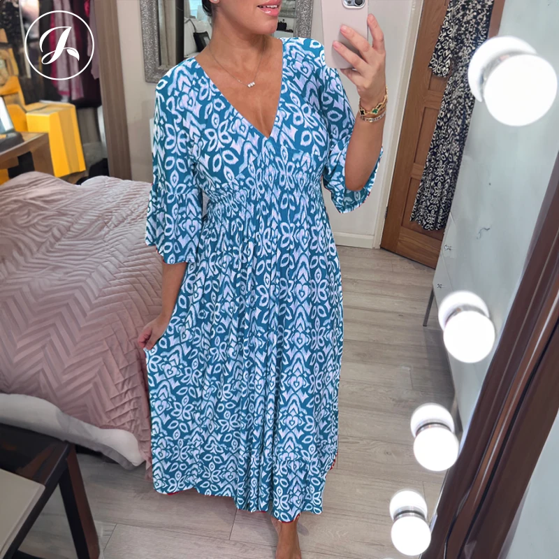 🔥Last Day Promotion 50% OFF🔥Bohemian Casual Print V-Neck Shirred Waist Long Dress