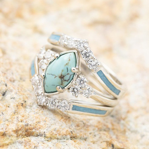 Sterling Silver Natural Turquoise Diamond Ring - BUY 2 FREE SHIPPING