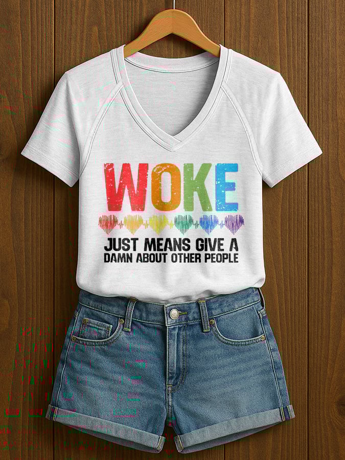 V-Neck Retro Women Woke Just Means Give A Damn About Other People Print T-Shirt