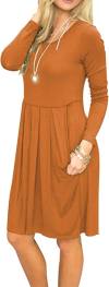 AUSELILY Women's Long Sleeve Pleated Loose Swing Casual Dress with Pockets Knee Length