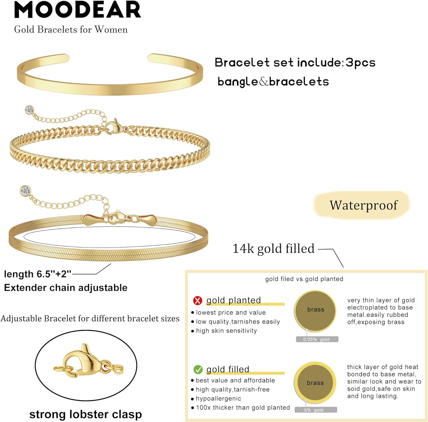 Moodear Gold Bracelet for Women 14K Real Gold Bracelet Sets for Women Dainty Snake Chain Bracelet Adjustable Cuban Link Bracelet for Women Cuff Bangle Gold Stackable Bracelets for Womens Jewelry Sets