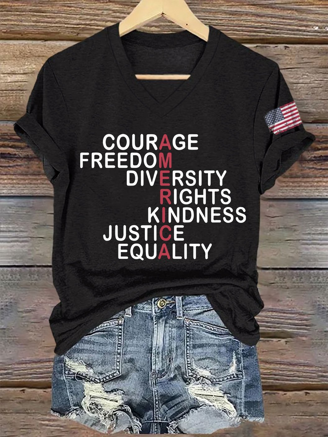 V-Neck Retro America Courage Freedom Diversity Rights Kindness Justice Equality Print T-Shirt