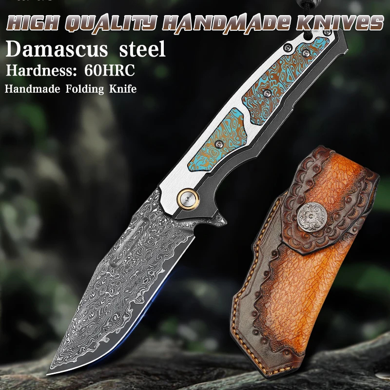 Handmade Damascus EDC Folding Knife | With Sheath for Outdoor Use