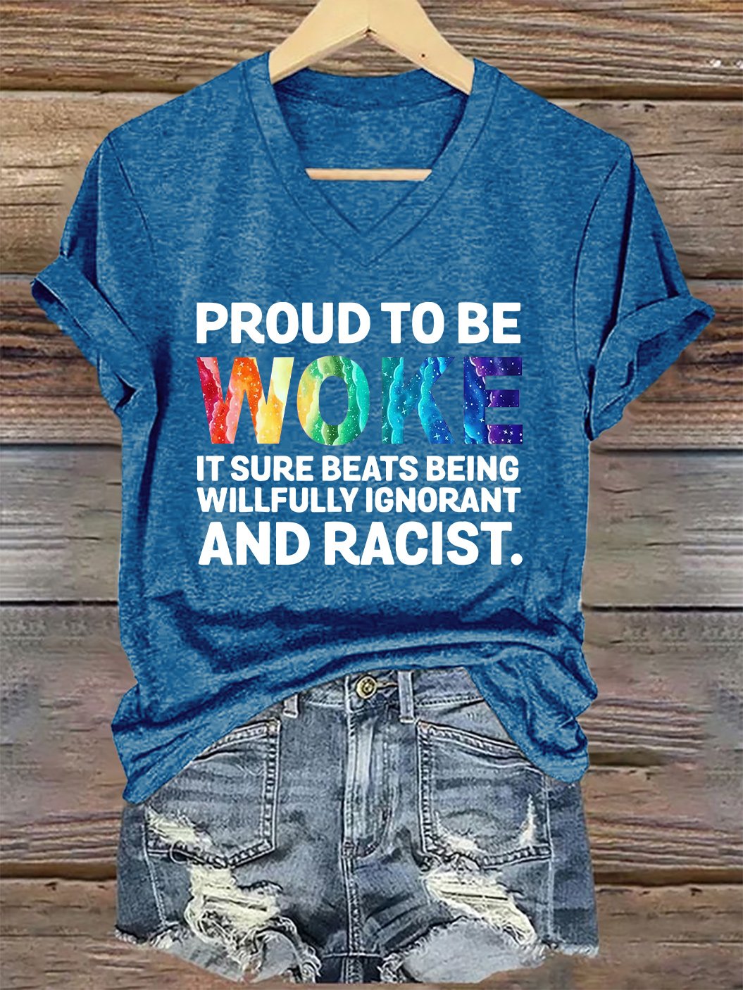 V-Neck Retro Proud To Be Woke It Sure Beats Being Willfully Ignorant And Racist Print T-Shirt
