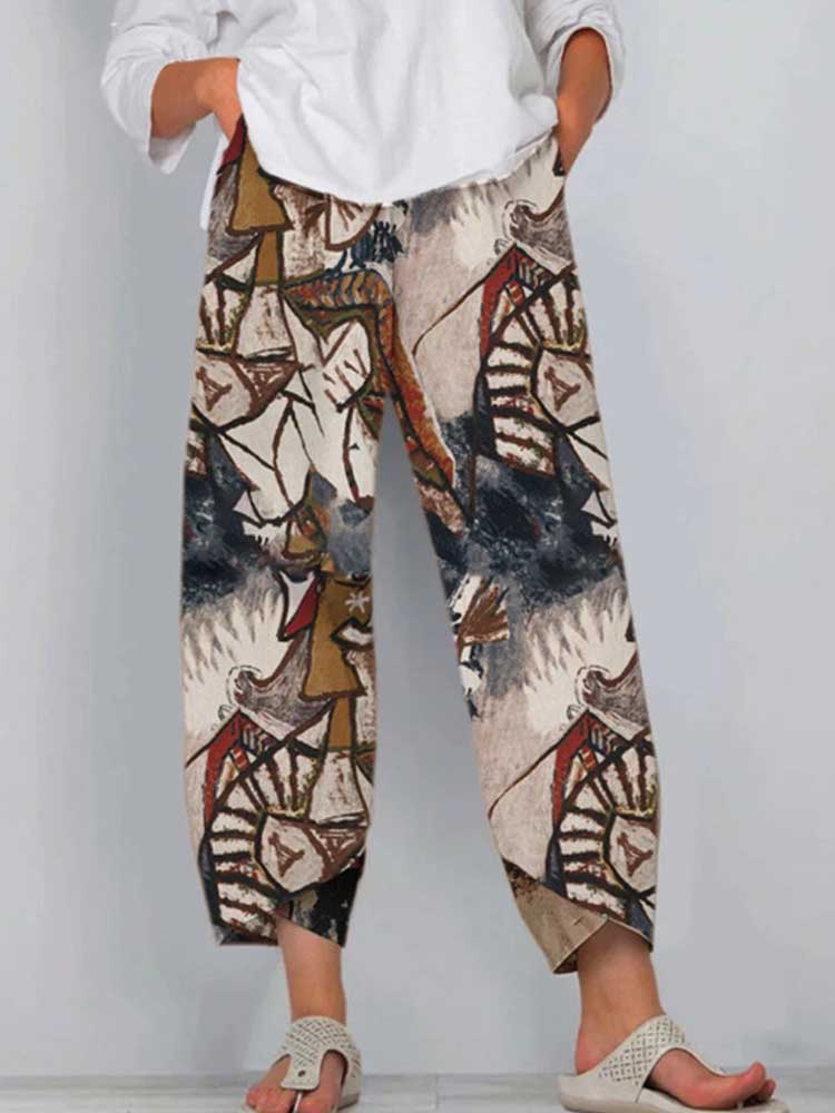 Women Colorful Print Elastic Waist Pants