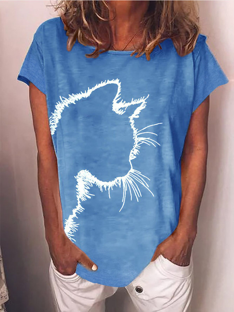 Cat-head print casual, round-necked, short-sleeved t-shirts