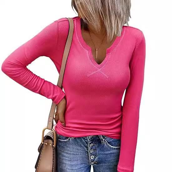 Deep U-neck Cross-neck Long-sleeved T-shirt Top