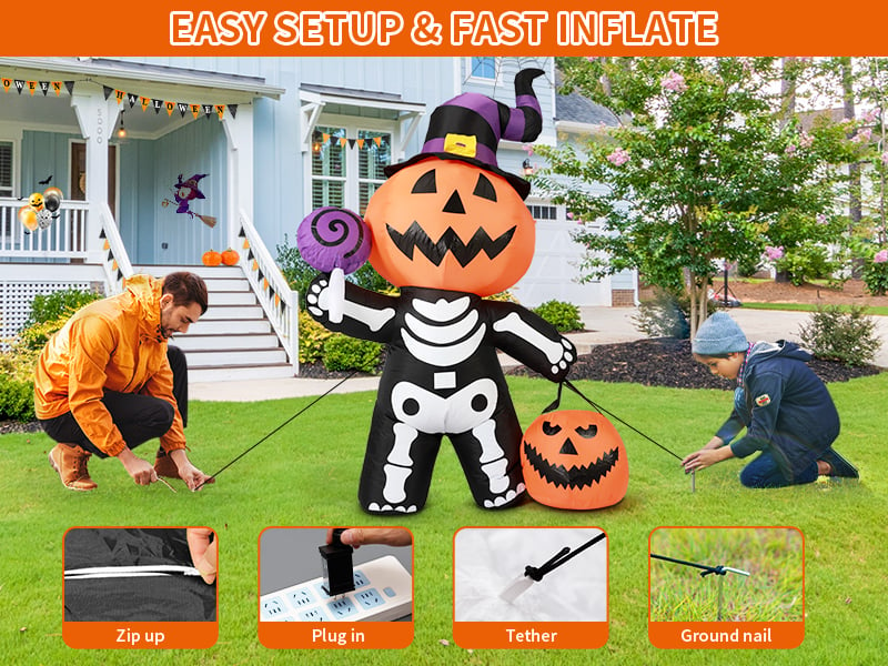 🔥Last Day Promotion - 60% OFF🎁6 FT Outdoor Halloween Inflatables Pumpkin with Skull Body & LED Lights