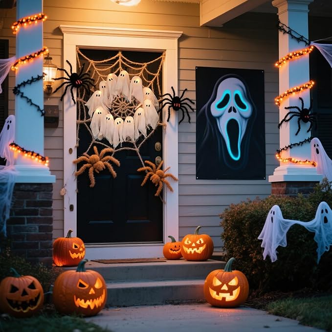 🎃 Handcrafted Adorable Ghost Halloween Wreath for Front Door – 🍁16-Inch Handmade Fall Decor 🎀