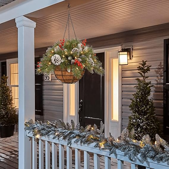 🔥Early Halloween Promotion !!! - Christmas Wreath Hanging Basket With Led String Lights