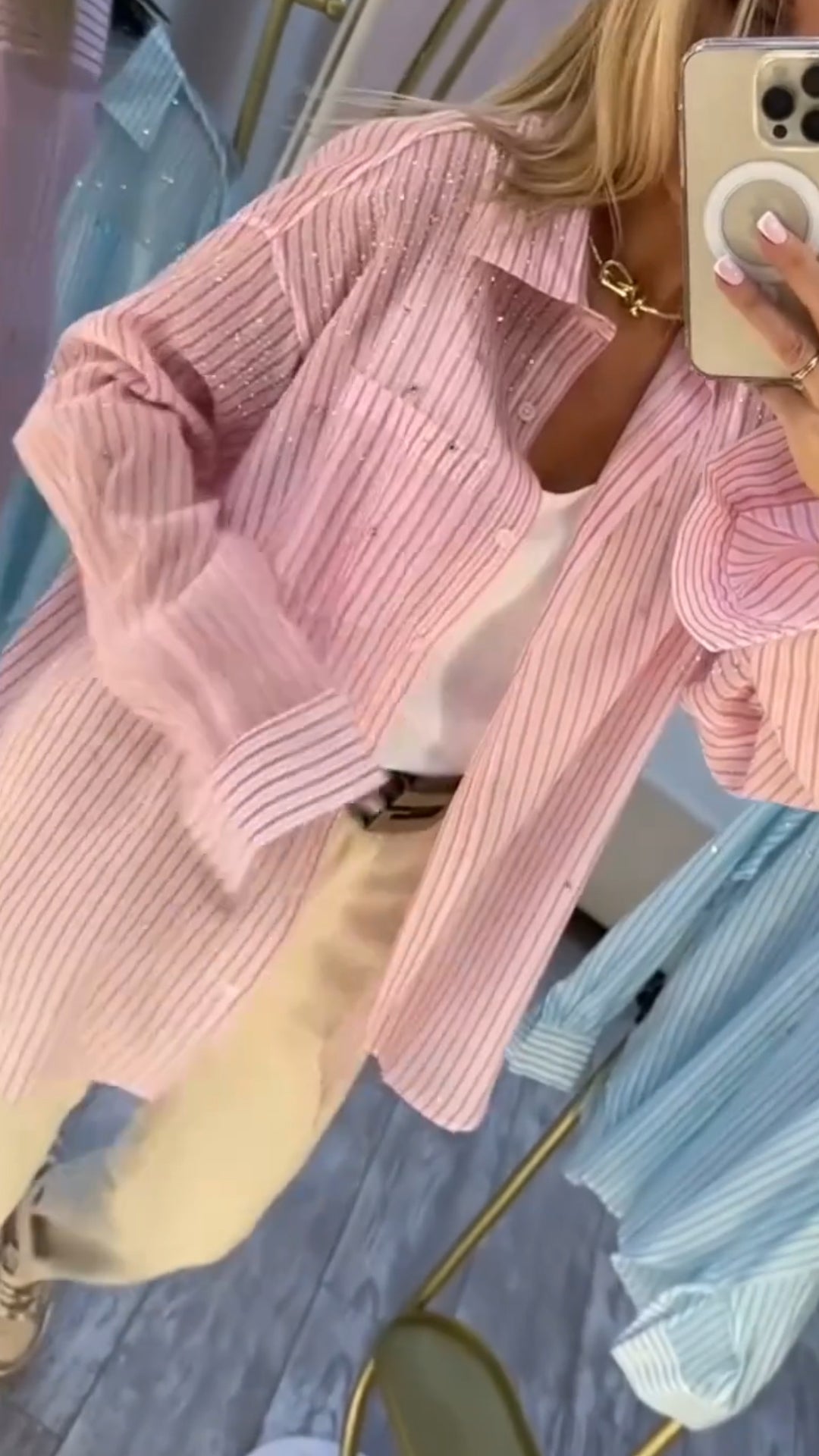 Women's Shiny Round Neck Gold-stamped Striped Casual Shirt