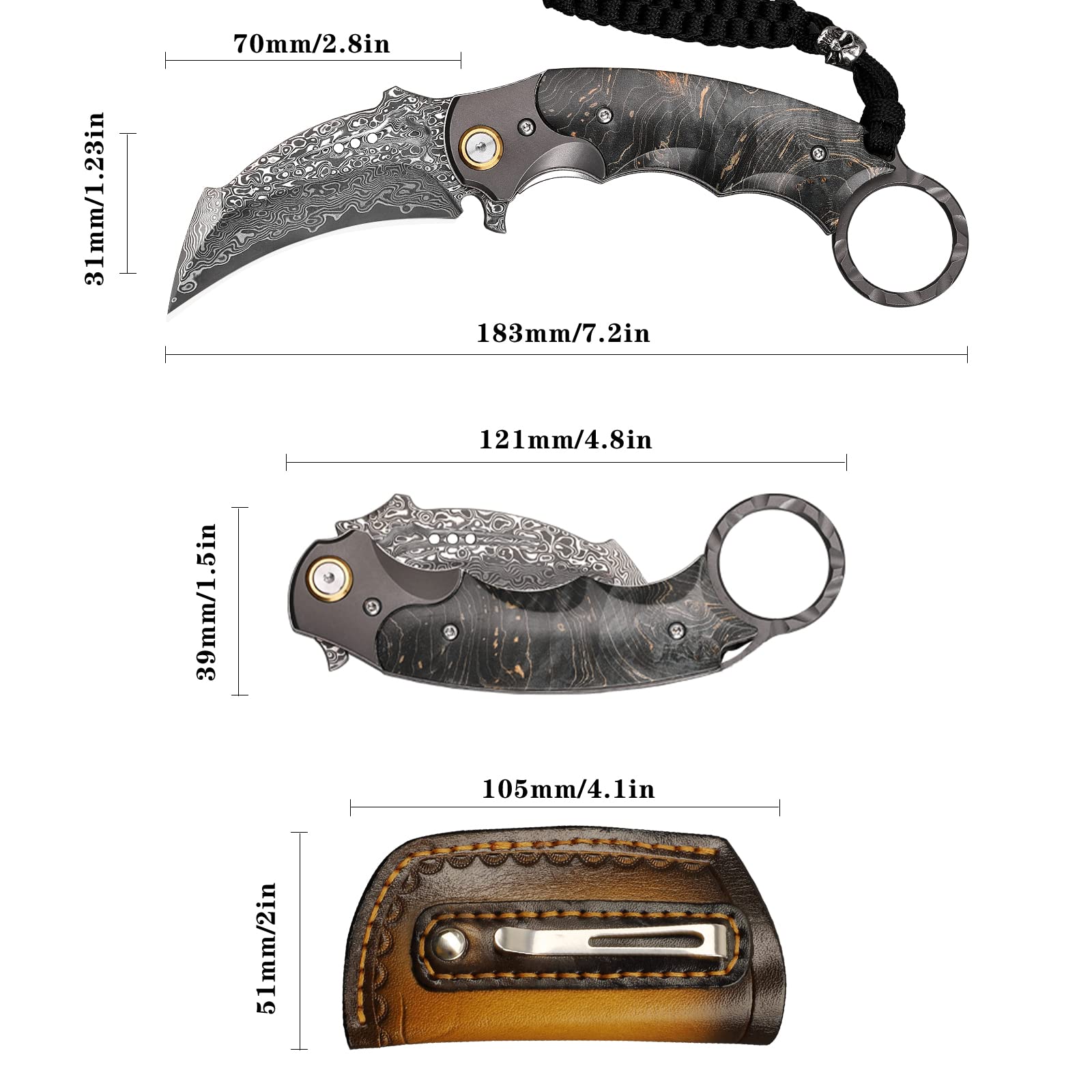 Handmade Damascus steel Folding Pocket EDC Knife-with cowhide sheath And pocket clip